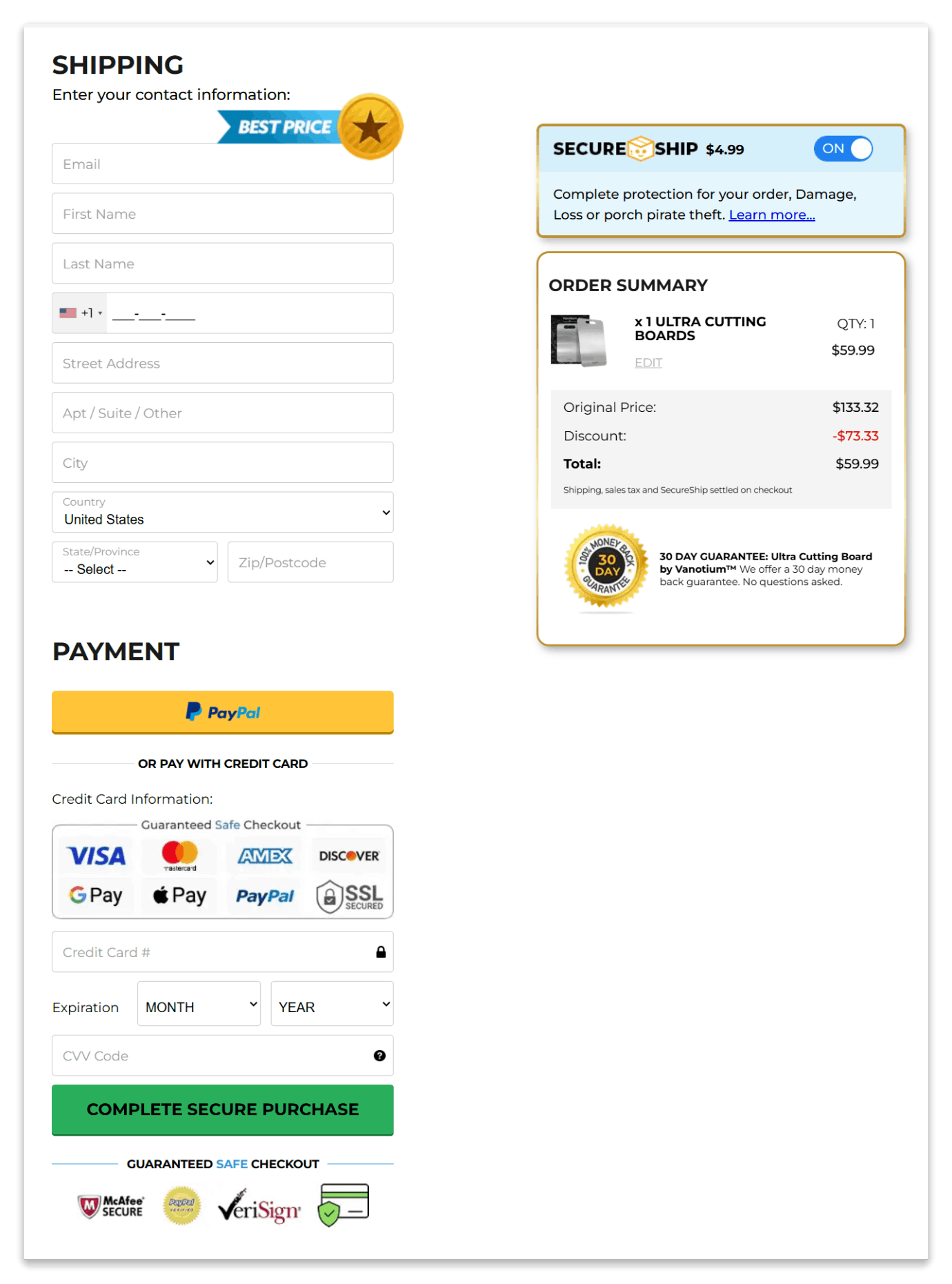 Vanotium Cutting Board secure checkout page